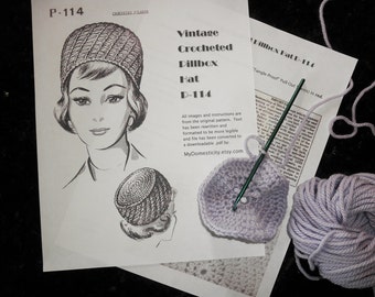 Vintage Crocheted Crochet Pillbox Hat Pattern, 1960s Pillbox Hat P-114 Instant Digital .pdf Pattern Download
