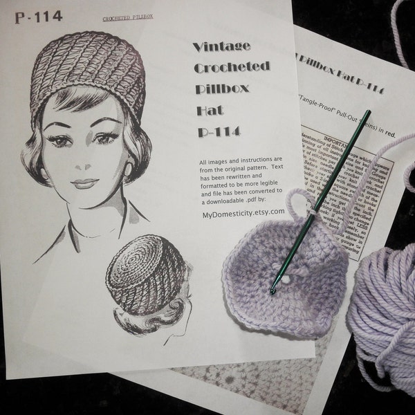 Vintage Crocheted Crochet Pillbox Hat Pattern, 1960s Pillbox Hat P-114 Instant Digital .pdf Pattern Download
