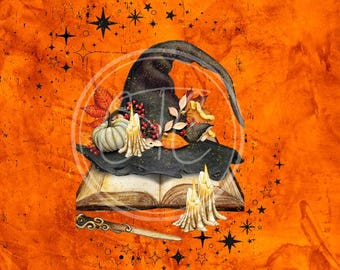 Halloween Witch Hat on Spell Book Print, Watercolor Printable, Digital Download,