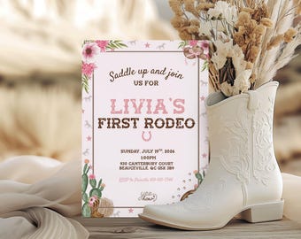 First Rodeo Birthday Invitation Template Pink Cowgirl Party Editable