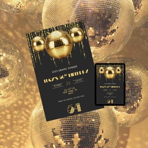 May include: A black invitation card with gold disco balls and text that reads "Let's Groove Tonight, Lucy's 50th Birthday". A tablet displays the same design. The background features multiple gold disco balls.