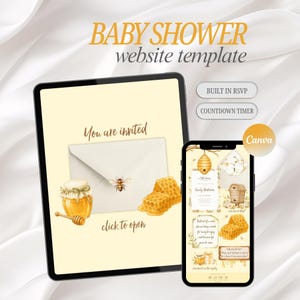 May include: A tablet and smartphone displaying a baby shower website template with a honey bee theme. The screens feature an envelope, a honey jar, honeycomb, and text including "BABY SHOWER website template", "You are invited", and "click to open".