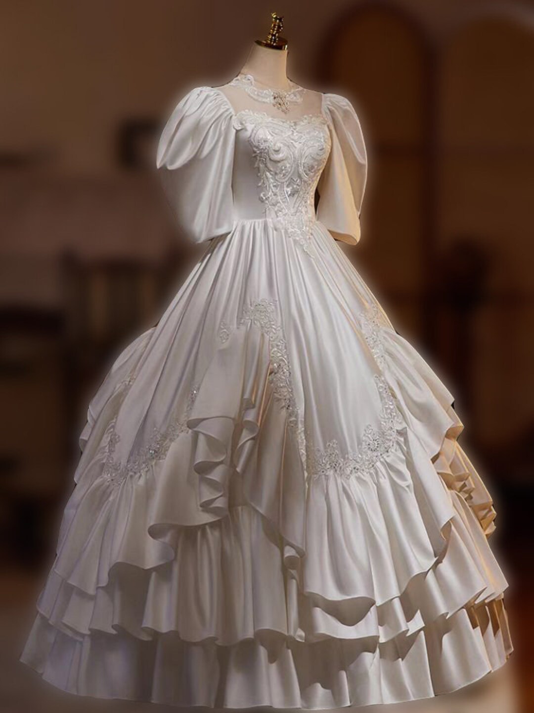Chic Sheath Scoop Long Sleeves Floral Ivory Silk Satin Long Prom Dresses Birthday Outfits