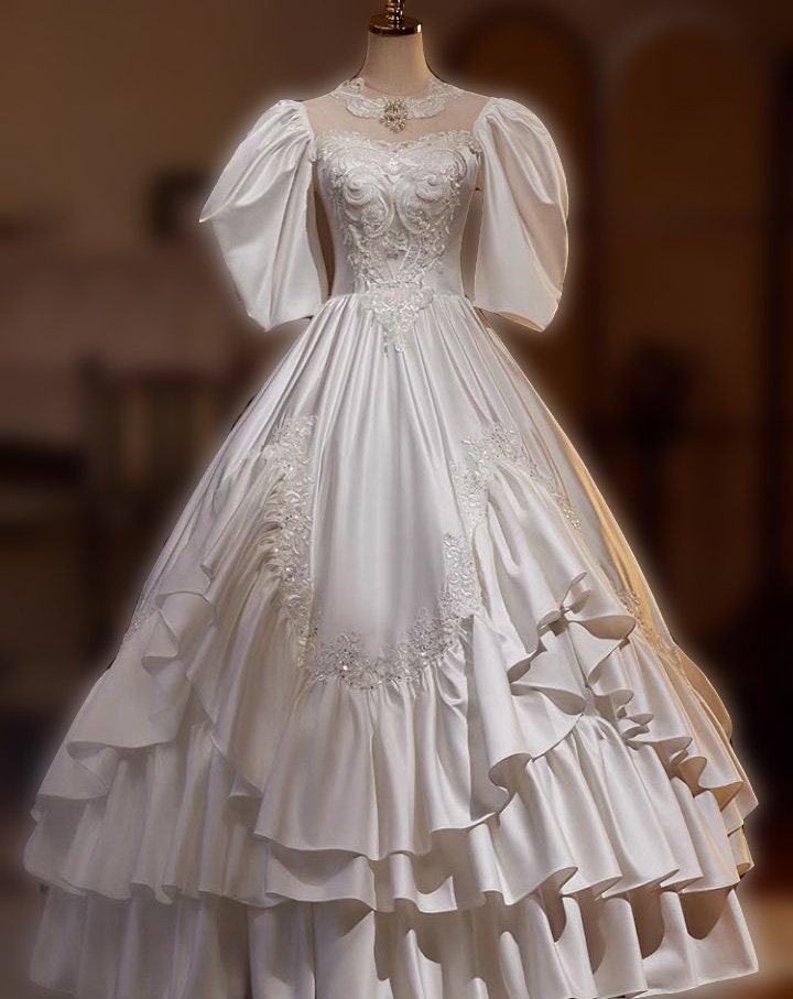 Pure White Scoop Satin Prom Dresses with Slit Side MOS12 main image 1