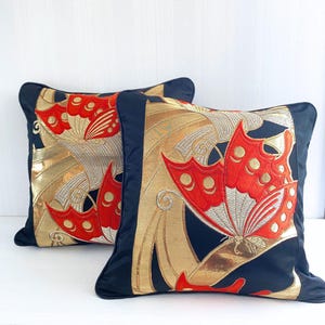 Red & Gold Butterfly, Silk cushion cover made from Japanese luxury Obi, 45x45cm (18&quot;x18&quot;), One-of-a-kind, Upcycled, made in Japan