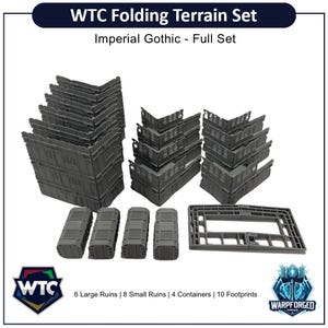 May include: A gray WTC Folding Terrain Set, Imperial Gothic - Full Set, featuring large ruins, small ruins, containers, and footprints. The set includes 6 large ruins, 8 small ruins, 4 containers, and 10 footprints. The WTC and Warpforged Terrain logos are visible.