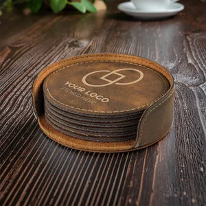 Custom Logo / Design Leatherette 4" 6 pcs round Coaster Set - Promotional for Small Business High Quality Affordable Personalized Coasters