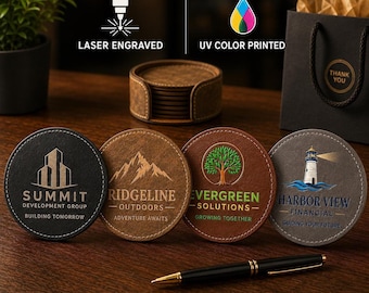 Posavasos personalizados para regalos corporativos, juego ejecutivo de 6 unidades en polipiel, grabados o con impresión UV.