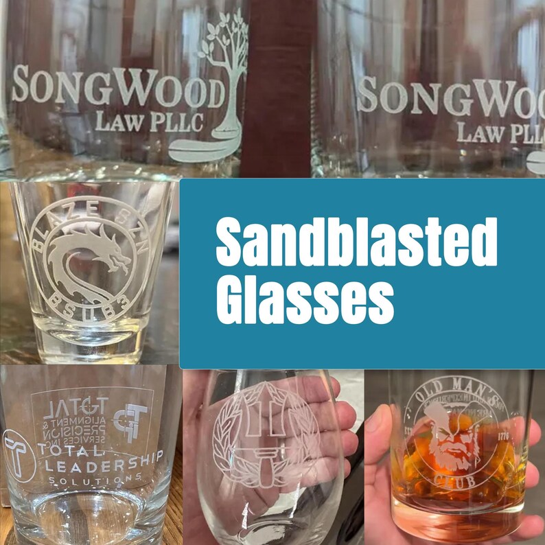 The image is a collage of various glassware items, including glasses and a cup, with the text "Sandblasted Glasses" prominently displayed.
