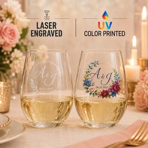 Bulk Buy Wedding Souvenirs - 15oz Engraved or UV Color Printed Stemless Wine Glass