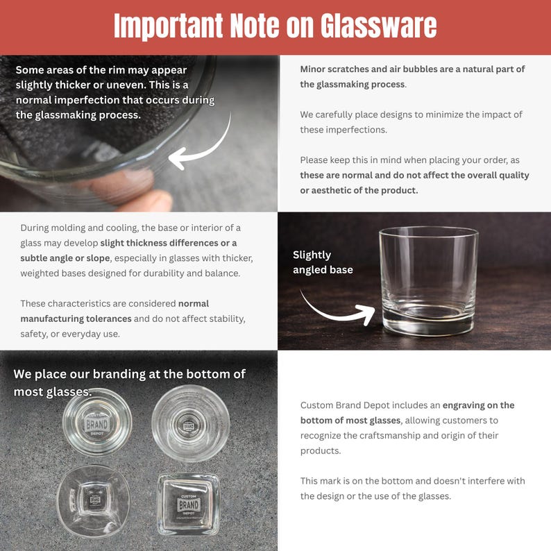 The image is a collage of three images: a close-up of a rim with minor scratches and air bubbles, a close-up of a glass with a slightly angled base, and a close-up of a glass with a custom engraving on the bottom.