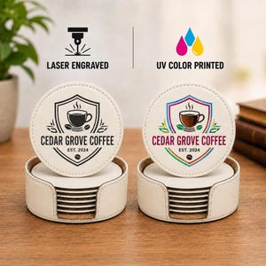 Custom Business Round Leatherette Coasters, Set of 6, Engraved or UV Printed