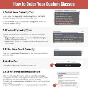The image is a step-by-step guide on how to order custom glasses, providing instructions on selecting a quantity tier, choosing an engraving type, entering the exact quantity, and adding to the cart.