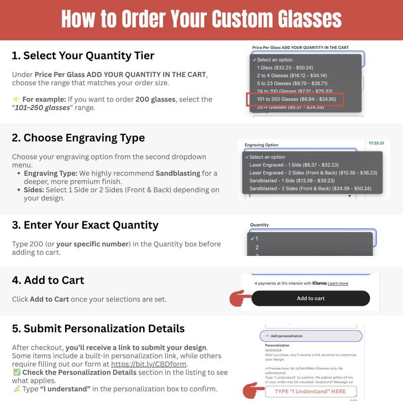 The image is a step-by-step guide on how to order custom glasses, providing instructions on selecting a quantity tier, choosing an engraving type, entering the exact quantity, and adding to the cart.