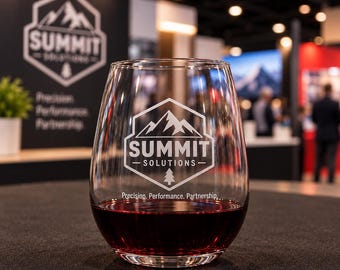 Pode incluir: Um copo transparente sem haste cheio de vinho tinto, apresentando um logótipo branco gravado de uma cordilheira dentro de um hexágono acima do texto SUMMIT SOLUTIONS e das palavras Precision. Performance. Partnership. na superfície frontal.