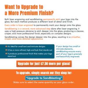 Sandblasting upgrade infographic for custom engraved glassware. Comparison of laser engraving versus sandblasting finish for bulk corporate branded glasses. Sandblasting adds a deeper, smoother, more refined etch ideal for intricate logos and small text on business gift glassware. Upgrade available for $7.50 more per glass. Search Upgrade to Sandblasting in our Etsy shop and match the same quantity as your glass order.