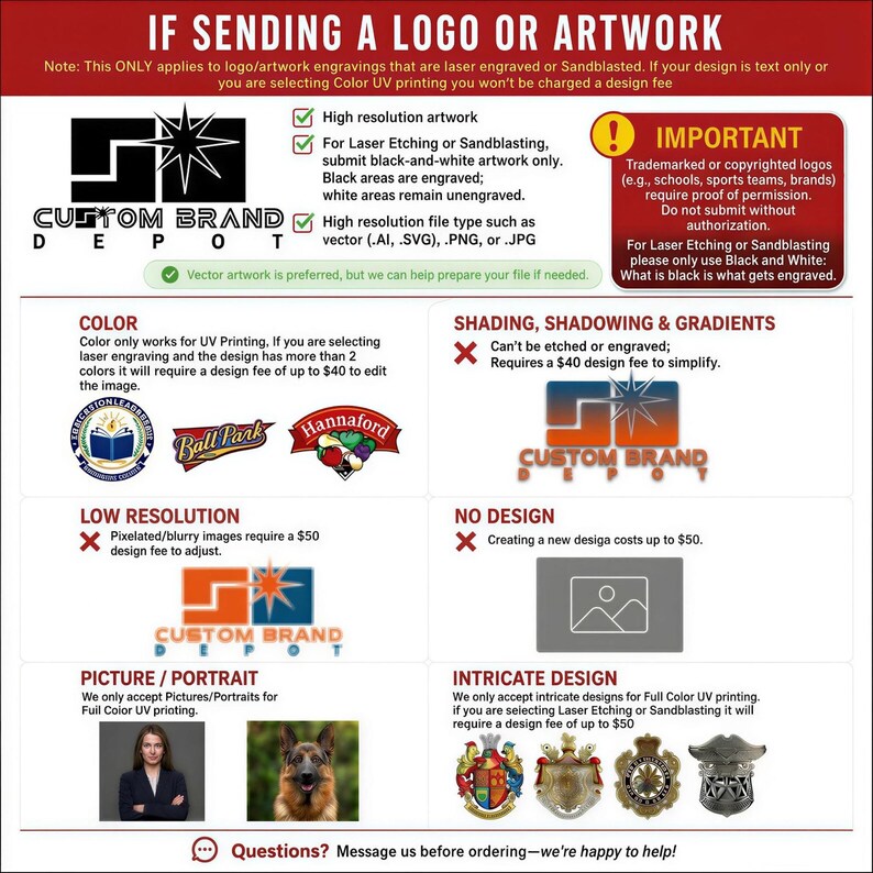 Logo and artwork instructions infographic. Artwork file requirements for bulk custom engraved glasses, accepted logo formats for corporate branded glassware orders, vector AI EPS and high-resolution PNG preferred for clean laser engraving on bulk business gifts.