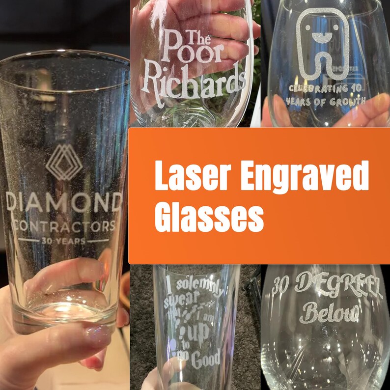 The image is a collage of five different laser engraved glasses, each with unique designs and text.