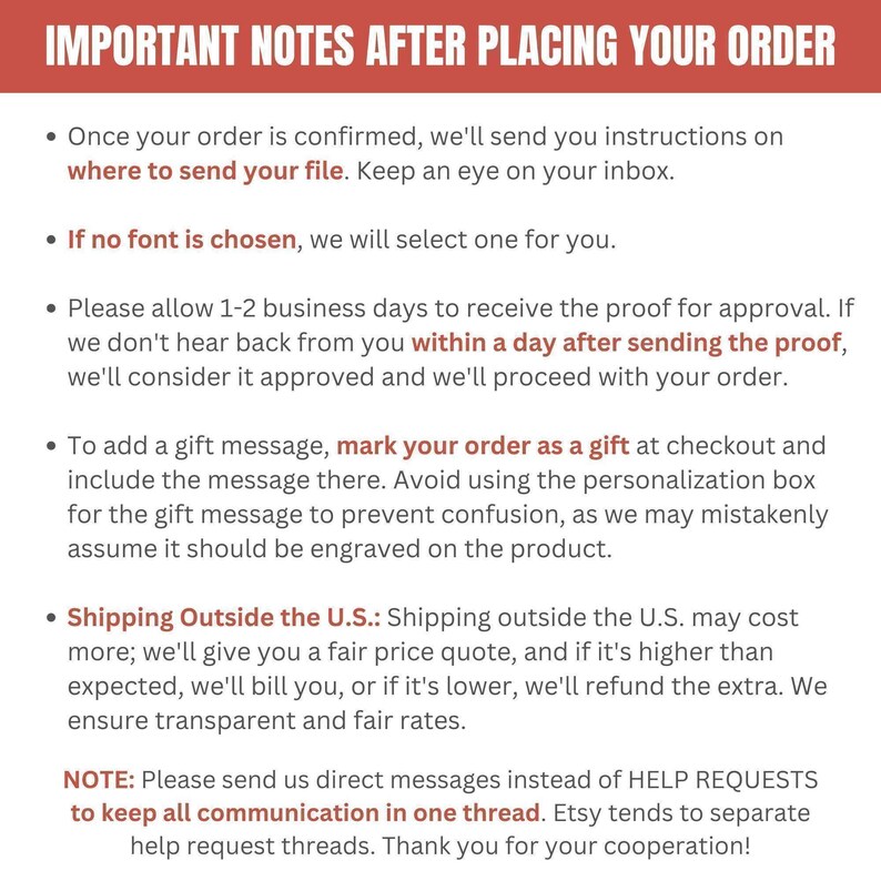 a red and white sign that says important notes after placing your order