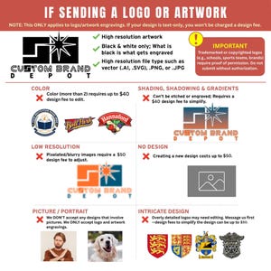 Logo and artwork instructions infographic. Artwork file requirements for bulk custom engraved glasses, accepted logo formats for corporate branded glassware orders, vector AI EPS and high-resolution PNG preferred for clean laser engraving on bulk business gifts.