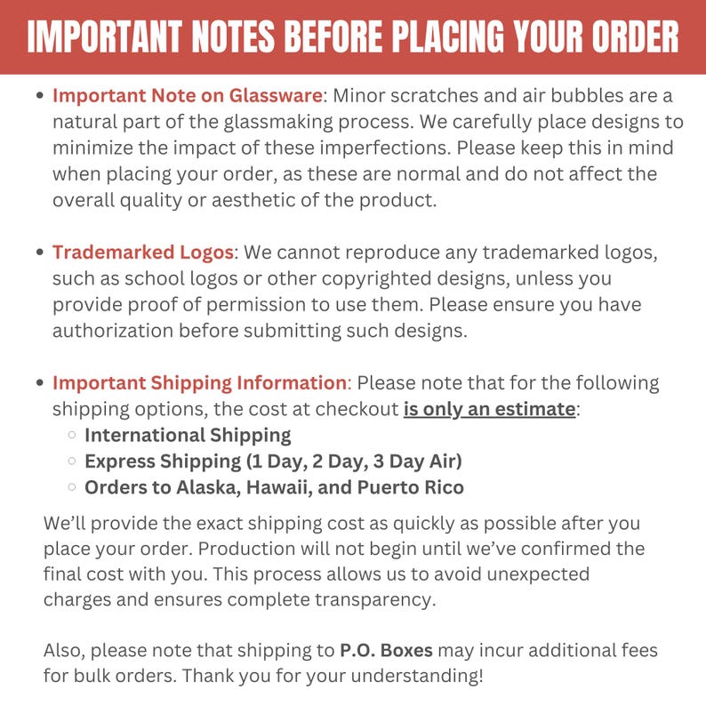 a red and white flyer with information about the important notes before placing your order