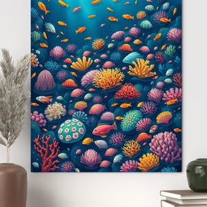 Decenas de coloridos y diversos arrecifes de coral en las profundidades del océano.
