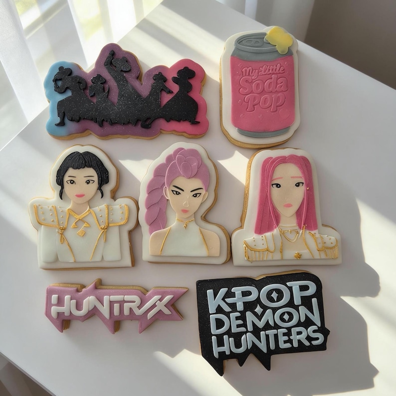 Puede incluir: Una colecci&oacute;n de galletas de az&uacute;car decoradas con temas de K-Pop. Las galletas incluyen im&aacute;genes de figuras estilizadas, una lata de refresco y el texto "HUNTRAX" y "KPOP DEMON HUNTERS". Las galletas est&aacute;n decoradas con glaseado rosa, negro, blanco y azul.
