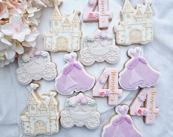 Galletas de azúcar con temática de cumpleaños de princesa / Galletas de cumpleaños / Galletas de cumpleaños personalizadas / Vestido de princesa / Recuerdos de fiesta de castillo