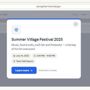Peut inclure: Capture d'écran d'un site web affichant une fenêtre contextuelle pour le Summer Village Festival 2025. L'événement comprend de la musique, des food trucks, une foire artisanale et des feux d'artifice le 14 juillet 2025, de 14h00 à 23h00 à Town Hall Square.