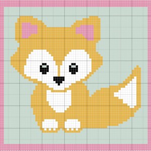 May include: A pixelated illustration of a fox. The fox is primarily orange with white and black details, and pink inner ears. It is set against a light blue background with a pink border, creating a charming, playful design.