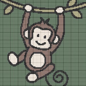 May include: A pixelated illustration of a brown monkey hanging from a branch with green leaves. The monkey has a white face and belly, and is set against a green grid background.