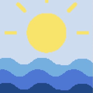 May include: A pixelated illustration of a sunny day over the ocean. A yellow sun with rays is at the top, above layers of blue waves. The waves transition from light to dark blue.