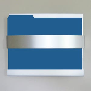 May include: A white metal file holder with a blue file folder inside. The file holder has a silver metal bar across the front.