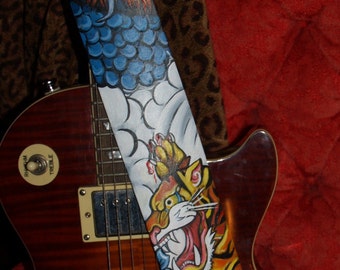 Tattoo Leather Guitar STRAP hand painted Asian Oni Dragon Tiger Clouds