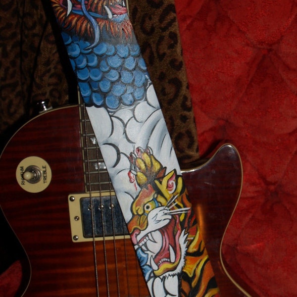 Tattoo Leather Guitar STRAP hand painted Asian Oni Dragon Tiger Clouds