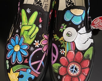 Custom women&#39;s or men&#39;s Slip on Custom Vans sneakers hand painted hippie vans design peace love dove mushroom vans