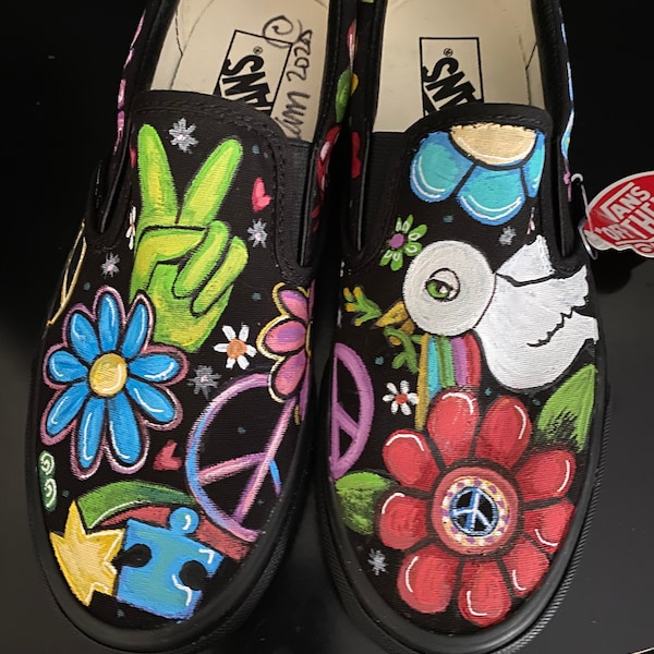 Custom women's or men's Slip on Custom Vans sneakers hand painted hippie vans design peace love dove mushroom vans