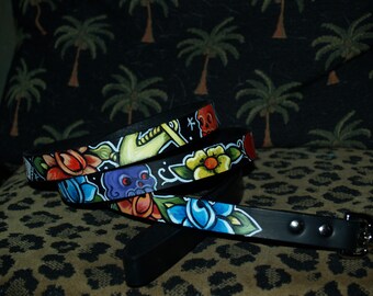 Tattoo leather dog LEASH Nautical Anchor skulls personalize your dogs name on banner BLACK  5ft