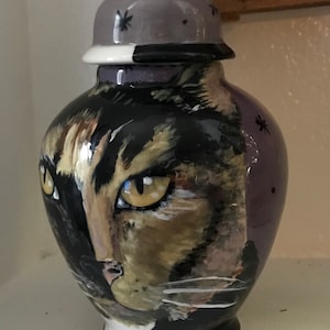 Puede incluir: Un tarro de cerámica con la cara de un gato pintada en él. El tarro tiene una tapa con un diseño de lunares negros y blancos. Los ojos del gato son amarillos y el tarro está pintado en tonos de negro, marrón, blanco y morado.