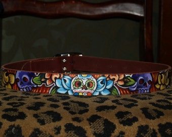 Tattoo leather dog collar Dia de los muertos skulls handpainted 20 in