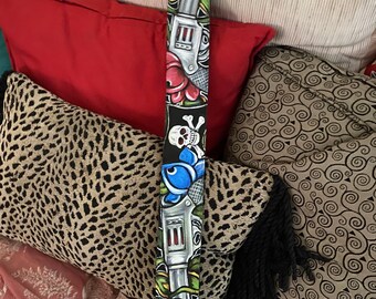 Tattoo leather Guitar STRAP hand painted Guns and Roses Rockin