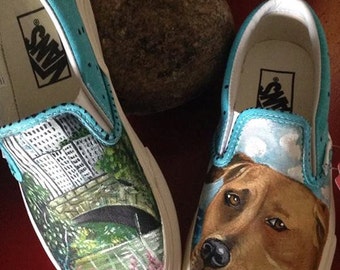 Custom women's or men's Slip on Vans sneakers hand painted with YOUR pets portrait dog portrait any pet