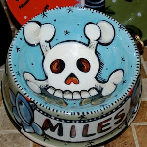 Tattoo DOG bowl Skull and Crossbones ceramic hand painted personalize dice