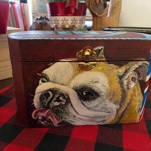 Custom Wooden PET keepsake box bull dog URN for dogs and cats MEDIUM large with latch portrait