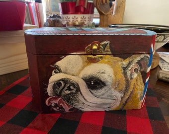 Custom Wooden PET keepsake box bull dog URN for dogs and cats MEDIUM large with latch portrait