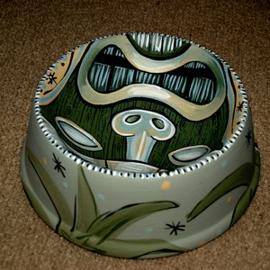 Tattoo dog bowl TIKI ceramic hand painted totem green food safe retro image 2