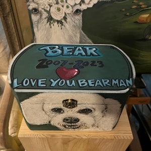 Custom Wooden white maltese urn PET URN for dogs and cats MEDIUM large with latch portrait poodle urn