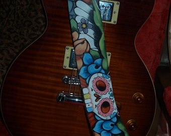 TATTOO leather Guitar STRAP handpainted Day of the Dead skul roses ART