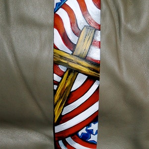 Tattoo Leather Guitar strap Christian Rock Cross Crown Thorns Patriotic American Flag