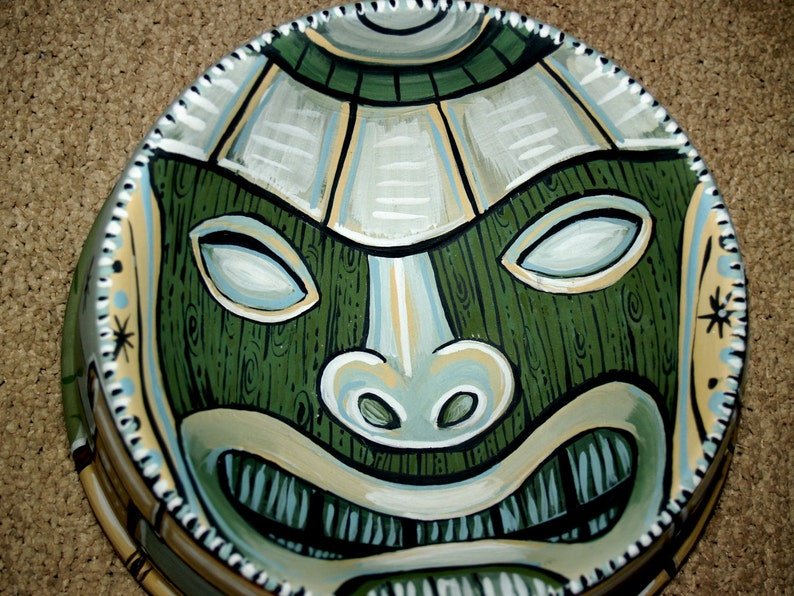 Tattoo dog bowl TIKI ceramic hand painted totem green food safe retro image 3